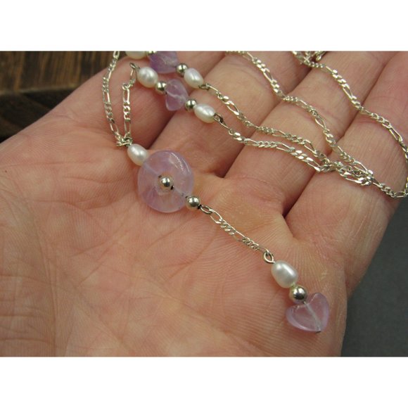 18 Inch Sterling Silver Amethyst Stone Hearts With Pearls Necklace - Picture 3 of 6
